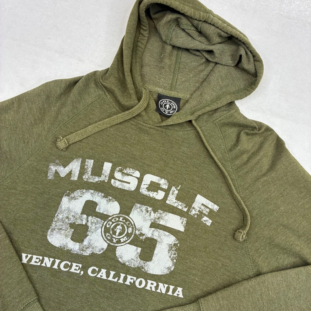 Golds Gym Hoodie Mens Medium Olive Green Muscle 65 Venice California Graphic - Picture 1 of 6